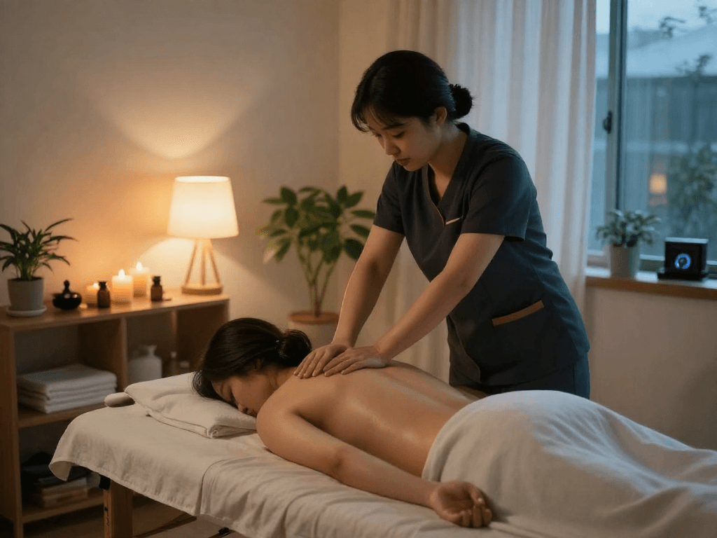 송파출장마사지 experience with professional therapist providing soothing massage in a tranquil home setting.