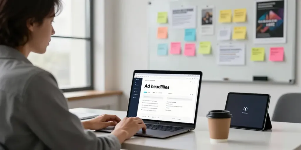 Marketing specialist using an AI ad headlines generator in a modern office